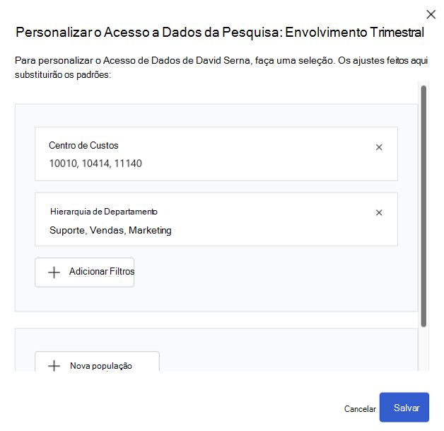 Captura de ecrã da caixa de diálogo com os valores do centro de custos e do departamento selecionados numa população.