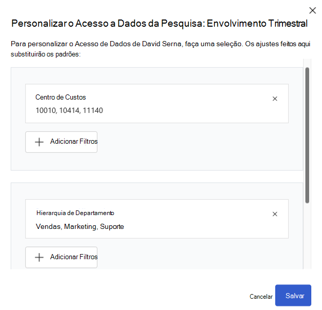 Captura de ecrã da caixa de diálogo com os valores do centro de custos e do departamento selecionados em populações separadas.