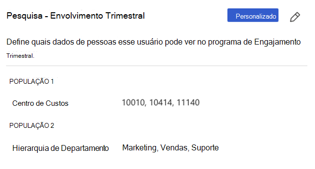 Captura de ecrã do acesso do utilizador com os valores do centro de custos e do departamento selecionados em populações separadas.