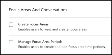 Captura de ecrã da secção Áreas de Foco e Conversações em Permissões e Acesso.