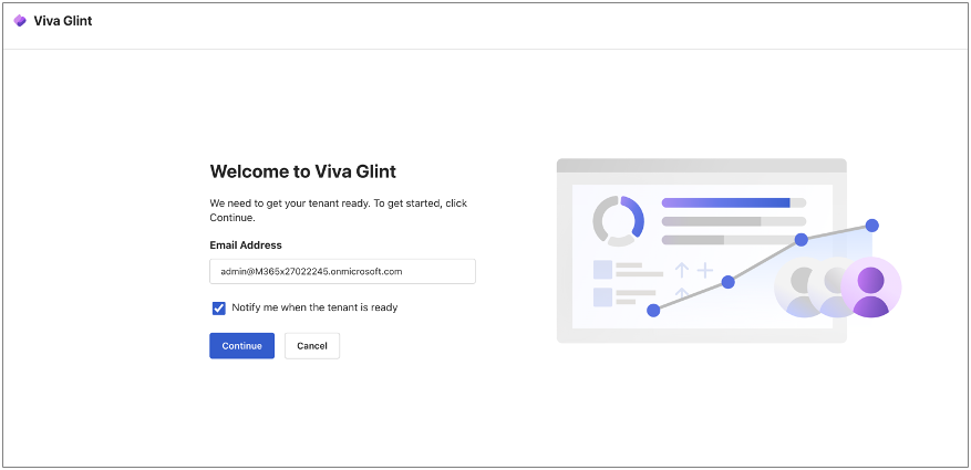 Captura de ecrã da página de boas-vindas de aprovisionamento de inquilinos Viva Glint.