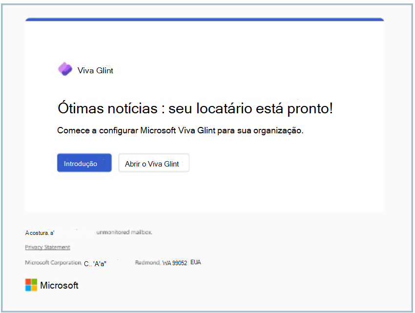 Captura de ecrã a mostrar o inquilino Viva Glint pronto a utilizar.