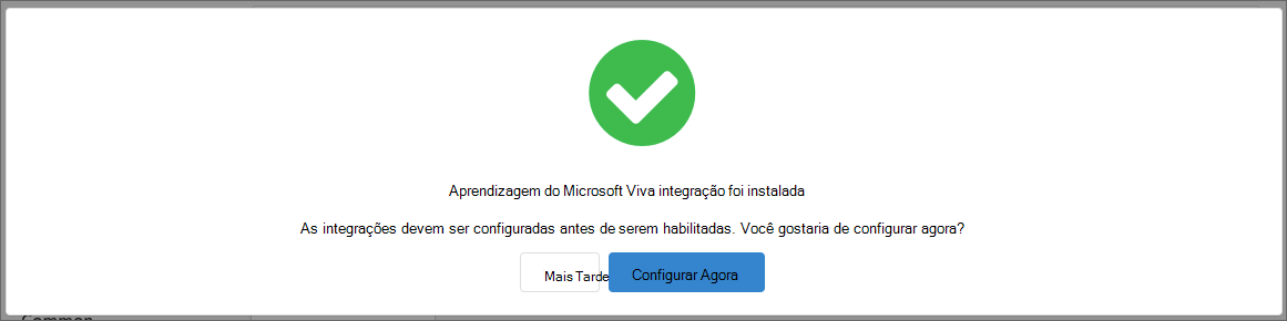 Captura de ecrã do pop-up de instalação com um botão que diz Configurar Agora à direita e um que diz Mais tarde à esquerda.