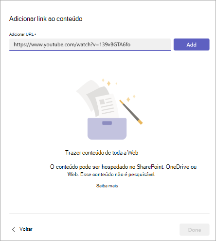 Captura de ecrã a mostrar o ecrã adicionar ligação ao conteúdo no qual pode adicionar o URL.