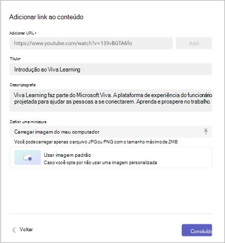 Captura de ecrã a mostrar a opção Adicionar ligação ao conteúdo com o URL, título, descrição e conjunto de miniaturas.