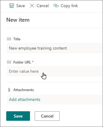 Novo painel de itens no SharePoint a mostrar os campos Título e URL da Pasta.