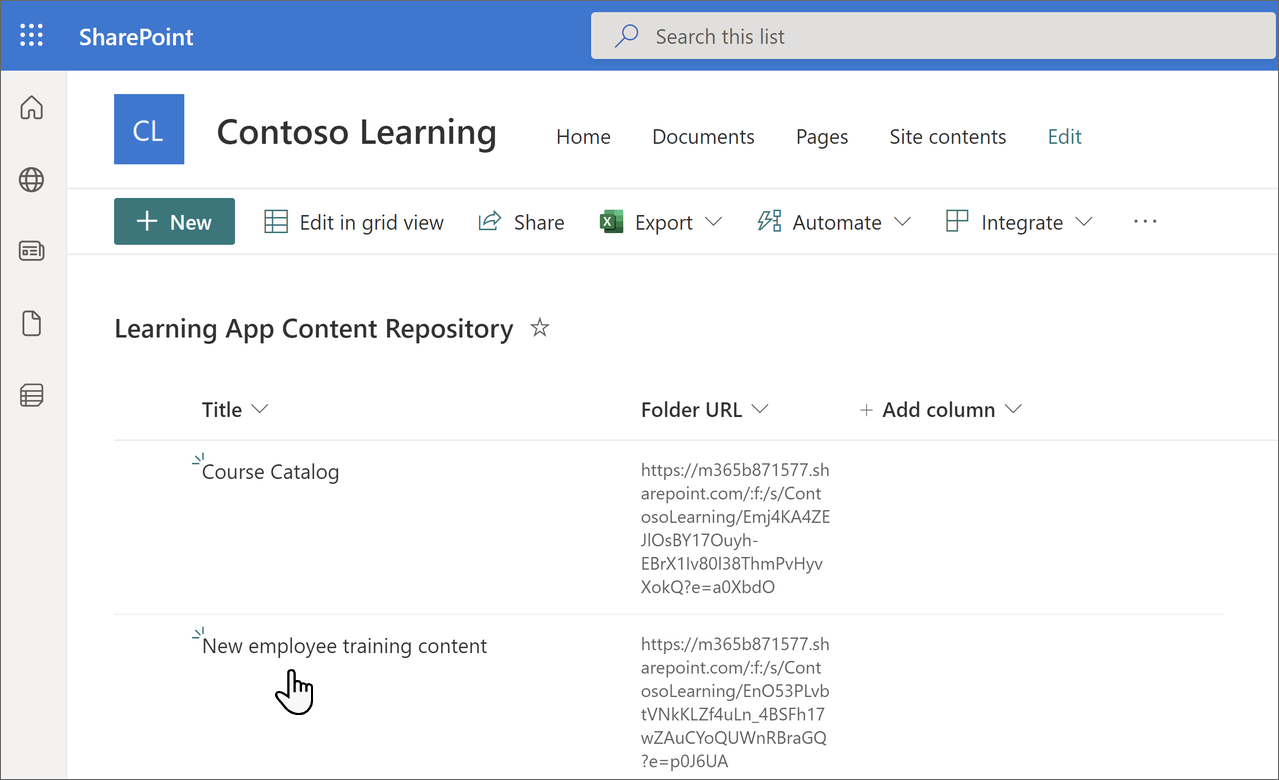 Página Do Repositório de Conteúdos de Aprendizagem no SharePoint a mostrar as informações atualizadas.