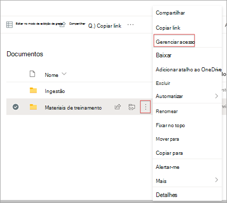 Página da biblioteca de documentos no SharePoint a mostrar a opção Mostrar ações com a opção Gerir acesso realçada.