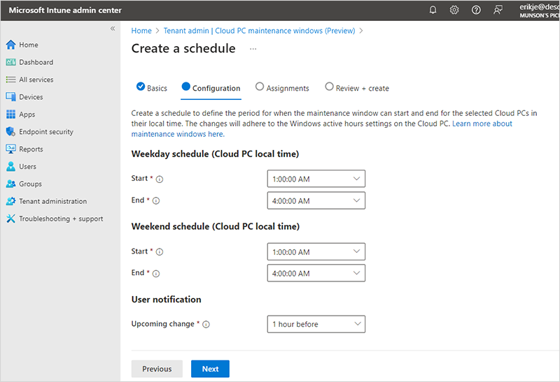 Captura de ecrã a configurar uma janela de manutenção do PC na Cloud.