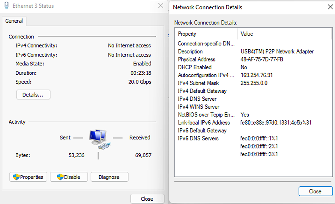 Captura de tela mostrando endereços IP de conexão de rede USB4.