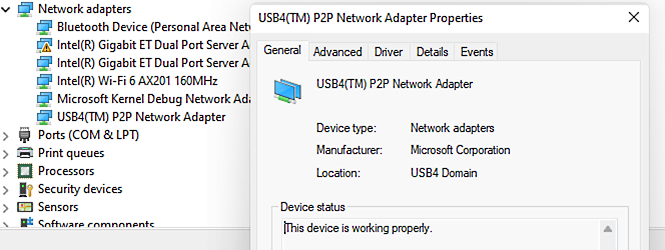 Captura de tela das propriedades do adaptador de rede P2P USB4 no Gerenciador de Dispositivos do Windows.