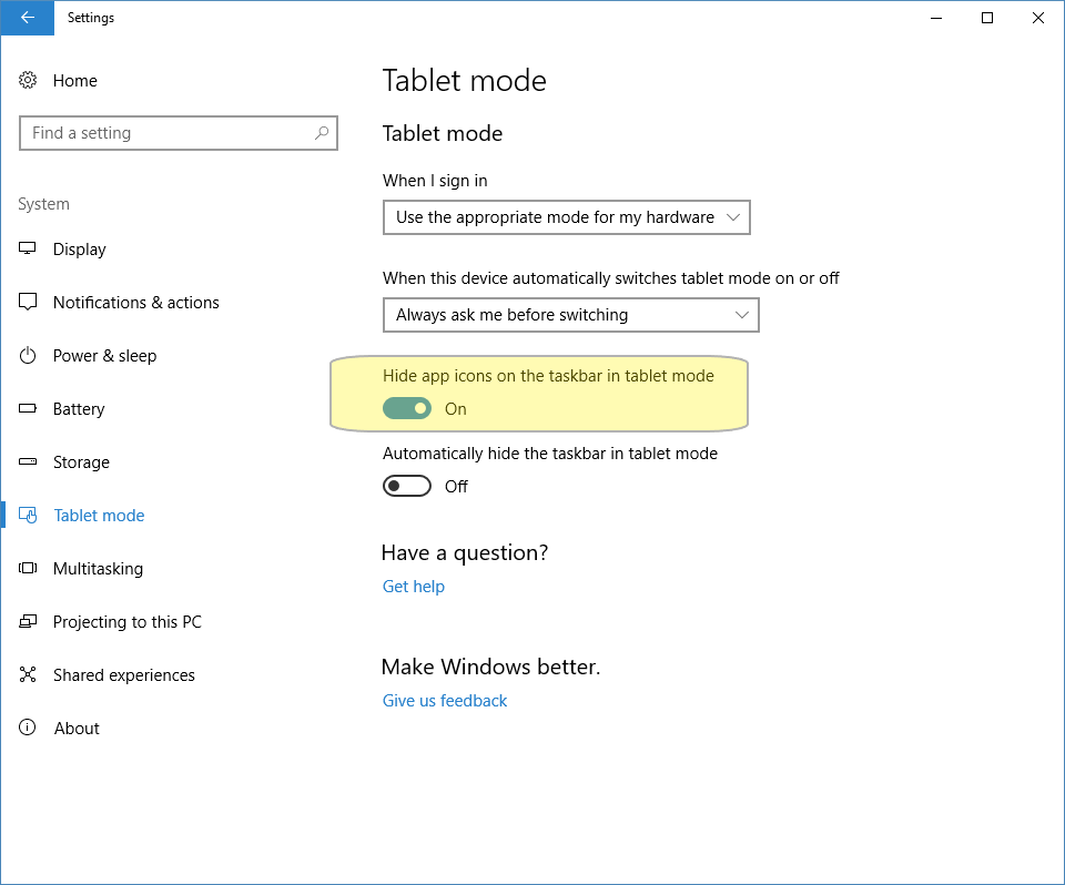 Configurações do sistema do modo tablet