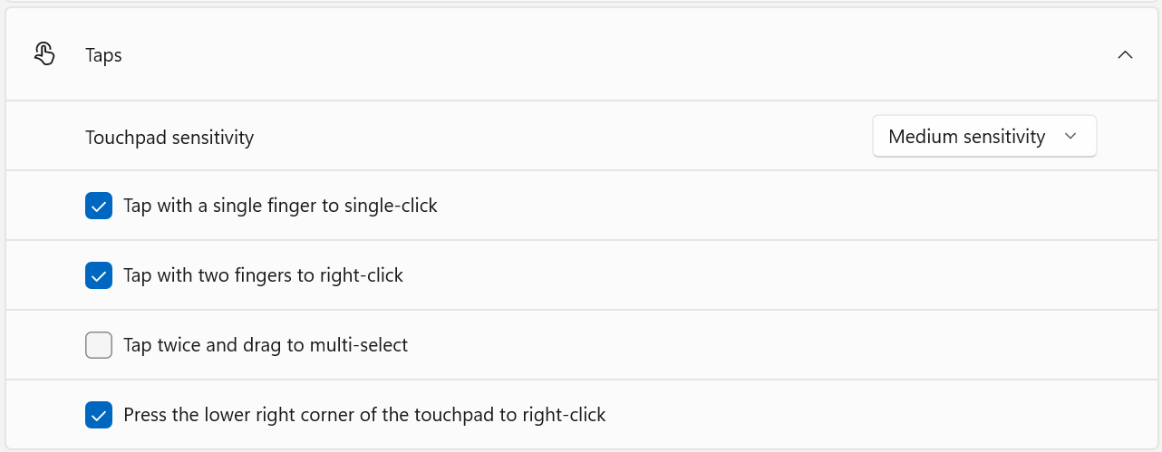 An image showing the Taps section of the settings page