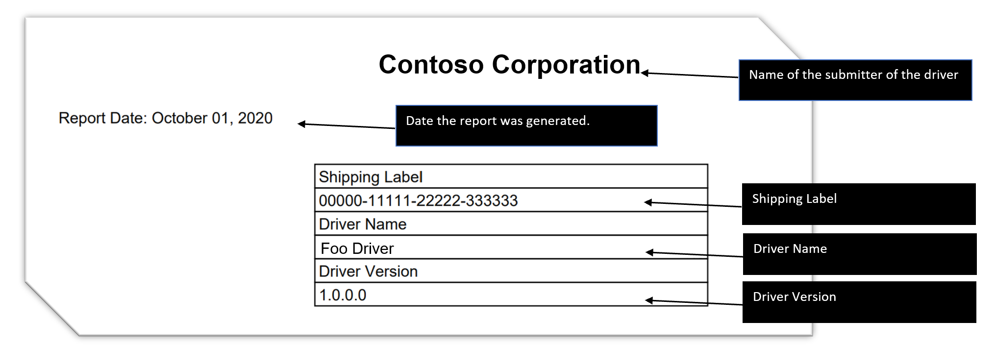 Captura de tela da seção Título que inclui o nome da empresa do remetente, a data do relatório, a etiqueta de remessa, o nome do driver e a versão do driver.