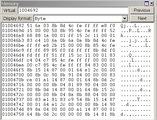 Captura de tela de um exemplo de janela Memória no WinDbg.