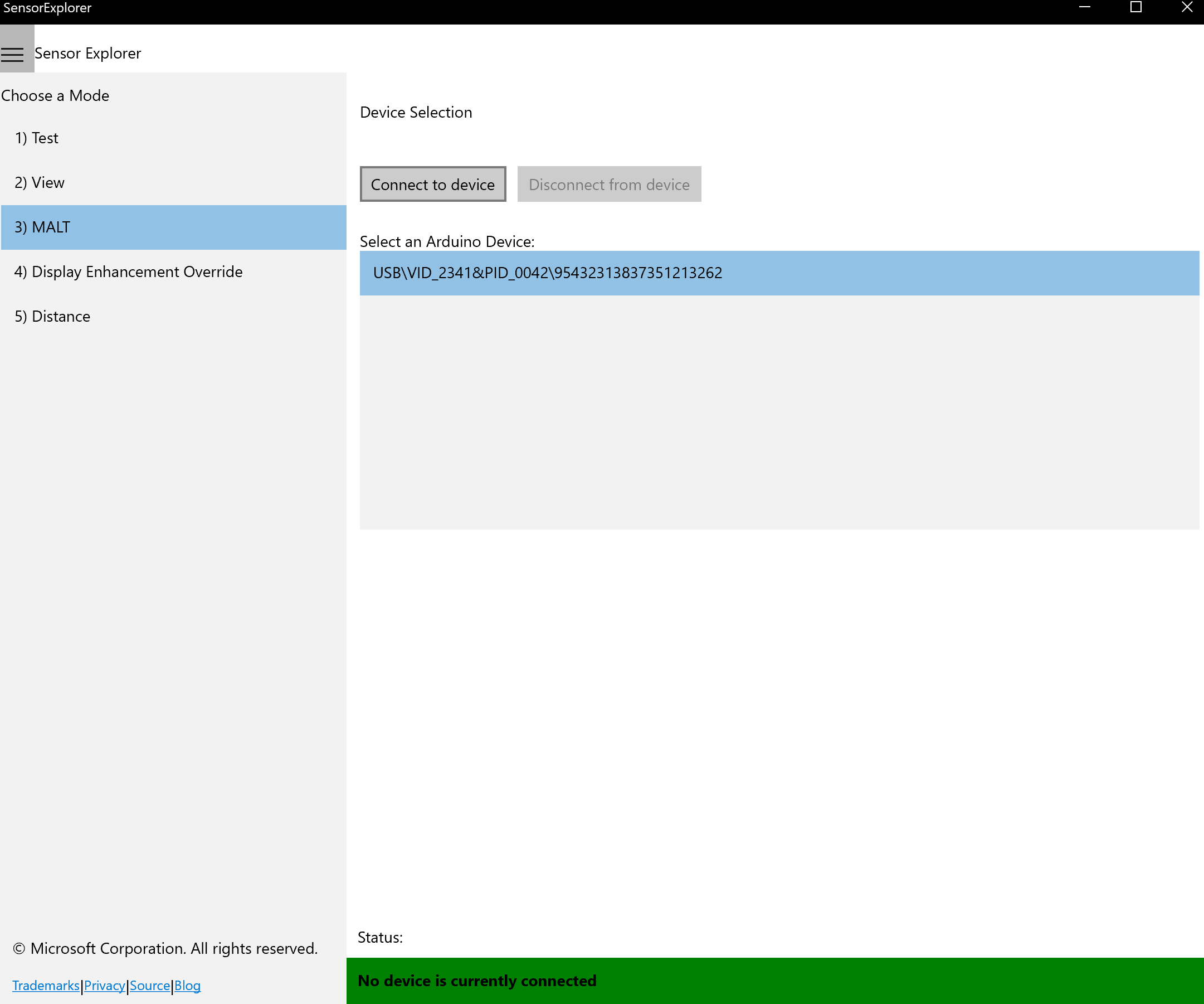 Captura de tela do SensorExplorer mostrando como conectar um dispositivo serial.