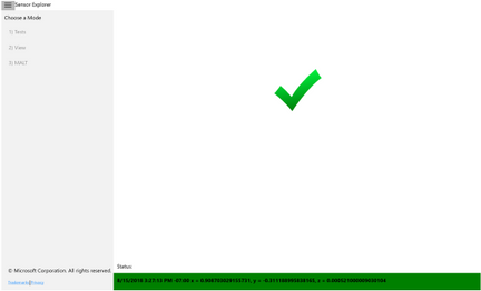 Captura de tela mostrando um teste de orientação sensorExplorer bem-sucedido.