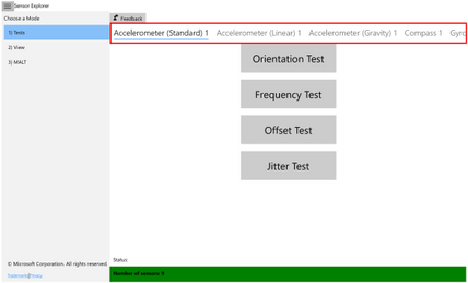 Captura de tela mostrando a tela de testes de acelerômetro SensorExplorer.