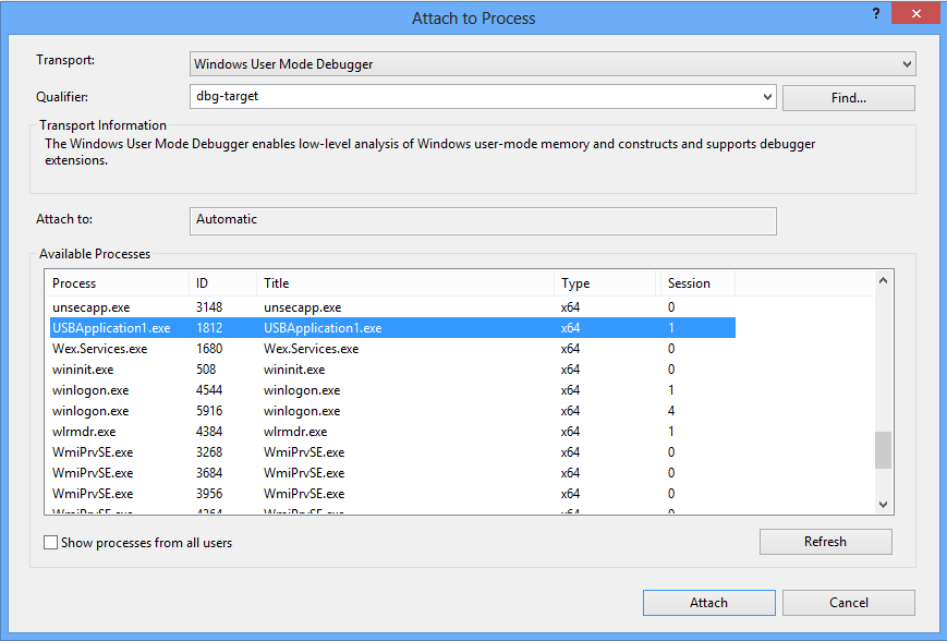 Configuração de depuração de modelo winusb.