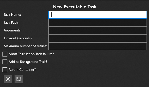 Janela de nova tarefa executável do Factory Orchestrator mostrando a caixa de seleção Executar no contêiner