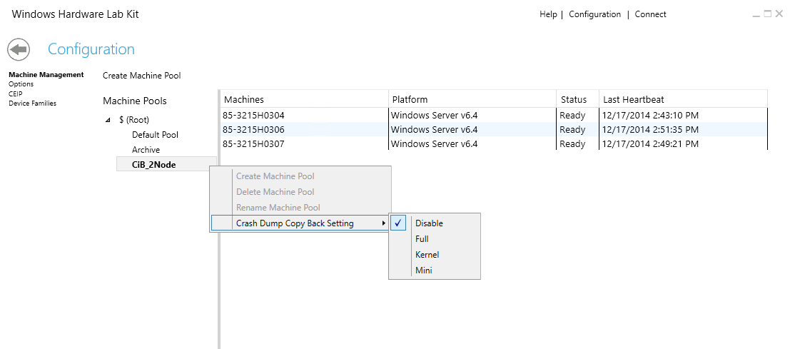 Captura de tela do Gerenciador do HLK mostrando a Configuração de Cópia de Backup do Despejo de Memória no menu de clique com o botão direito do mouse