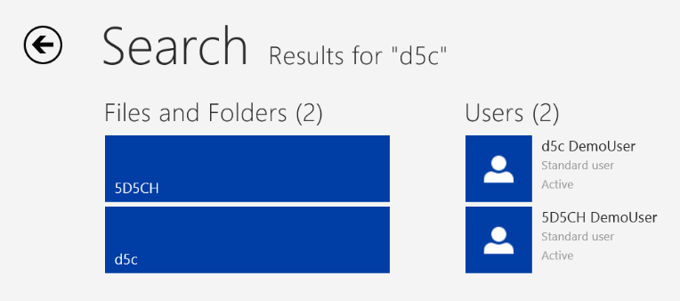 A screenshot showing the use of the Search feature of the Windows Server Essentials dashboard to search for the string 