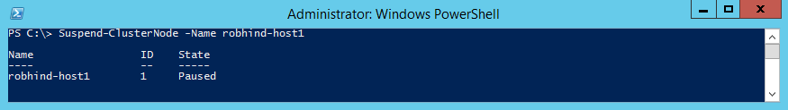 Captura de tela mostrando a saída do cmdlet Suspend-ClusterNode