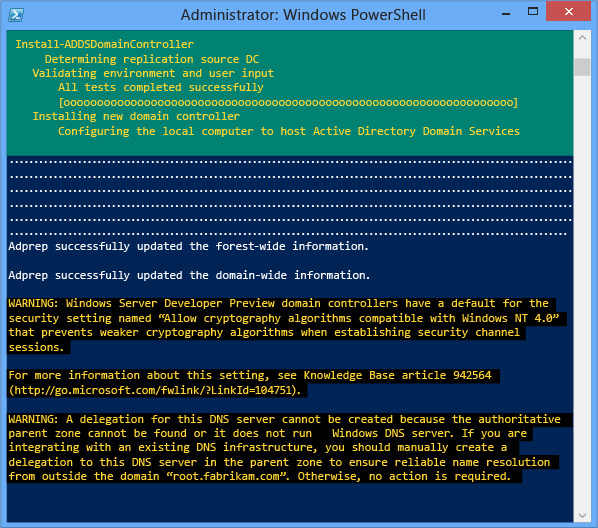 Captura de tela de uma janela do terminal que mostra a conclusão bem-sucedida do processo de reinicialização do controlador de domínio.