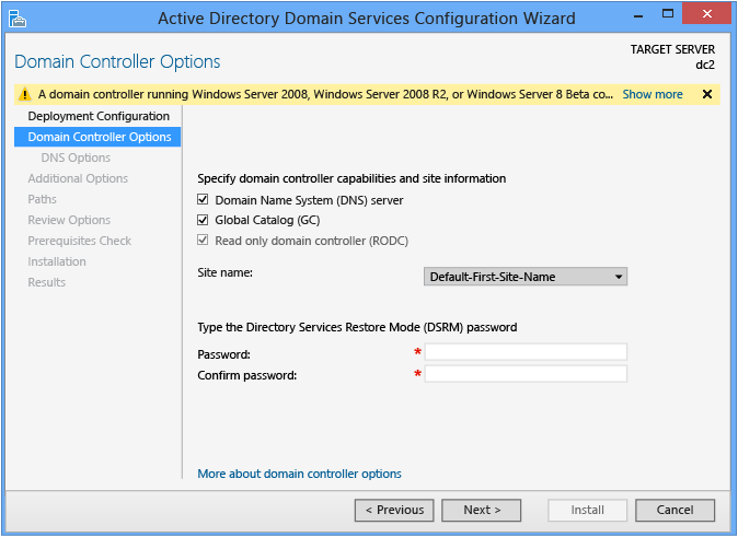 Captura de tela que realça um aviso informando que você não poderá criar controladores de domínio somente leitura se os controladores de domínio existentes executarem o Windows Server 2003.