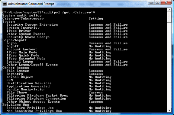 Captura de tela que mostra um exemplo do auditpol.exe listando a política de auditoria atual.