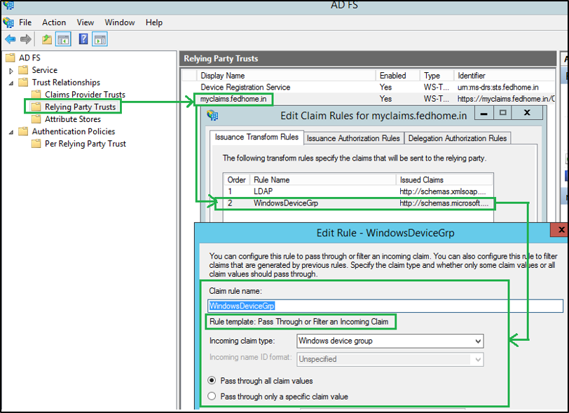 Screenshot of the AD FS, Edit Claim Rules for myclaims.fedhome.in, and Edit Rule - Windows Device Grp dialog boxes with arrows and call outs showing the workflow described above.