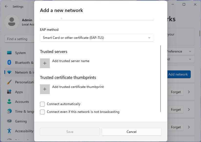 Captura de tela da caixa de diálogo Adicionar uma rede mostrando WPA3-Enterprise e EAP-TLS no aplicativo de configurações do Windows 11.