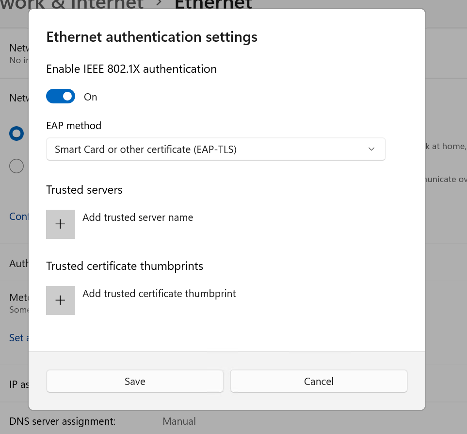 Captura de tela do diálogo de configurações de autenticação de Ethernet, expandido, no aplicativo de configurações do Windows 11.