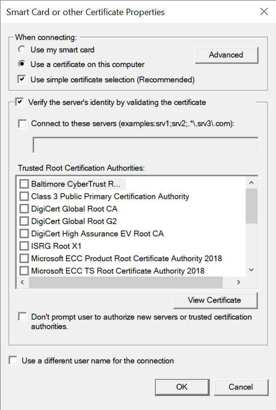 Captura de tela mostrando o Cartão Inteligente ou outra caixa de diálogo de Propriedades de certificado.