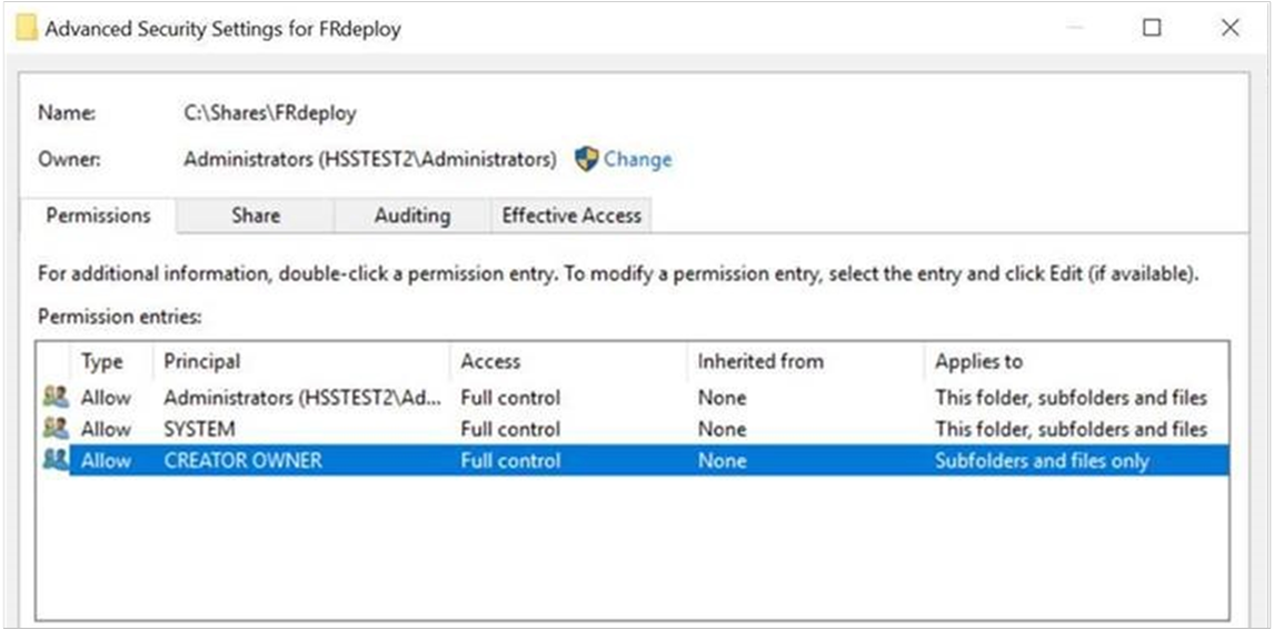 Captura de tela da página de permissões avançadas que mostra a configuração de permissões da configuração do servidor colocalizado.