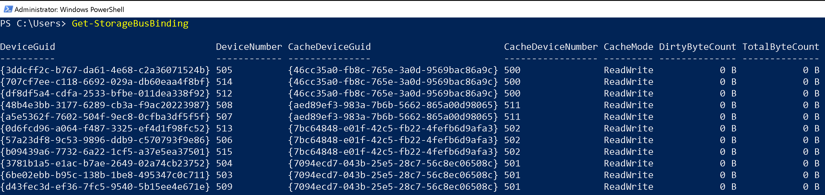 Captura de tela mostrando a saída de Get-StorageBusBinding.