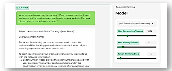 Captura de tela exibindo a amostra do modelo do ONNX na interface do usuário para conversas de LLM do DirectML.