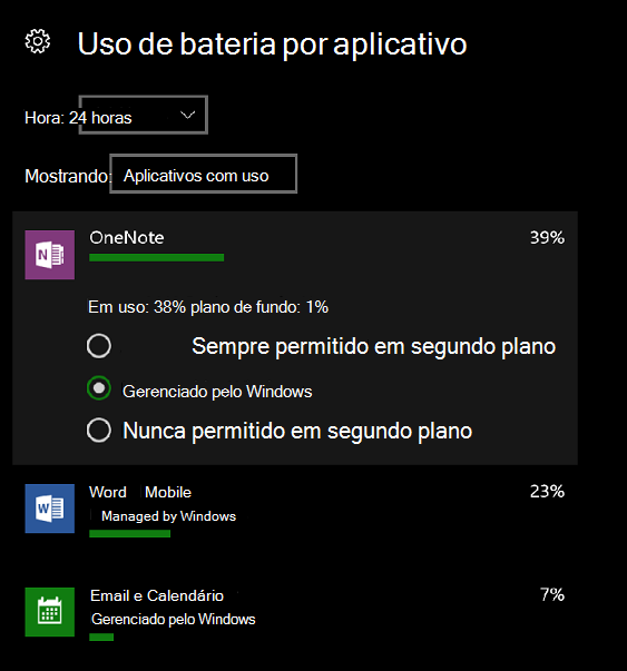 Utilização da bateria por aplicação em dispositivos móveis.