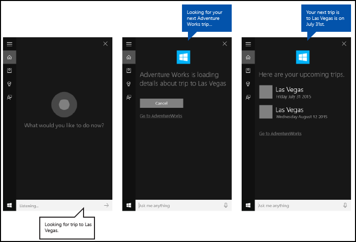 Captura de tela da Cortana e uma consulta básica com telas de progresso e resultado usando o aplicativo AdventureWorks em segundo plano