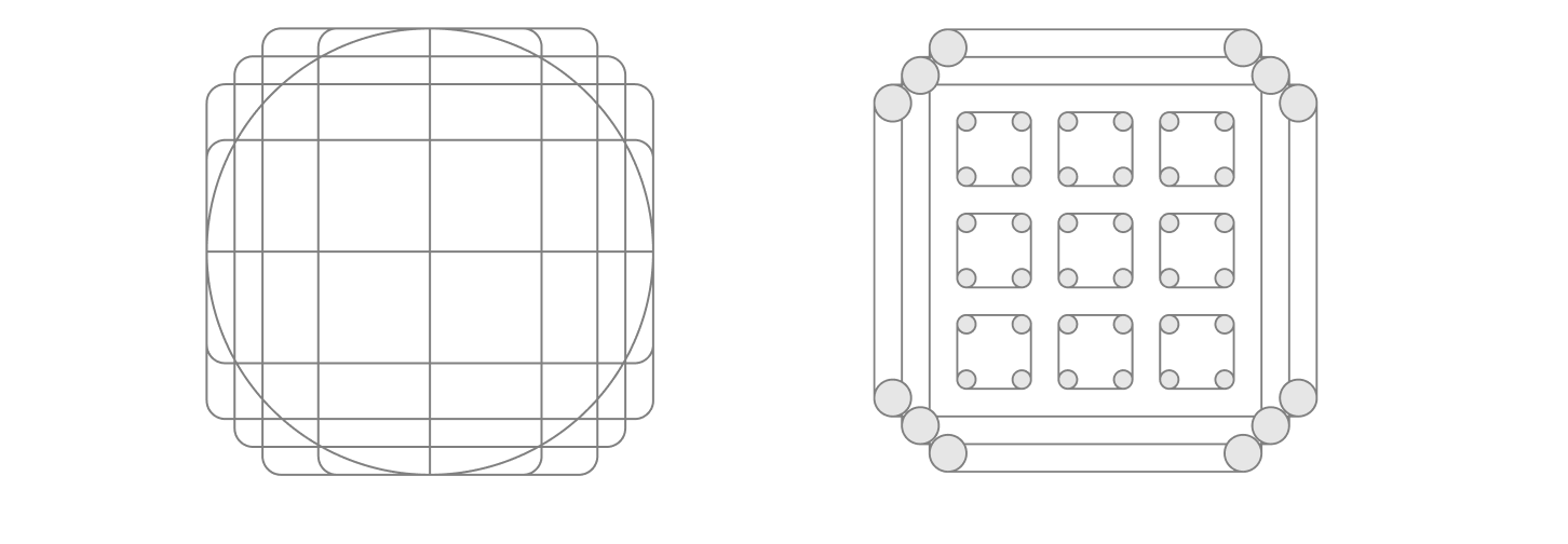 Um diagrama que mostra o modelo de grade usado para design e alinhamento de ícones.