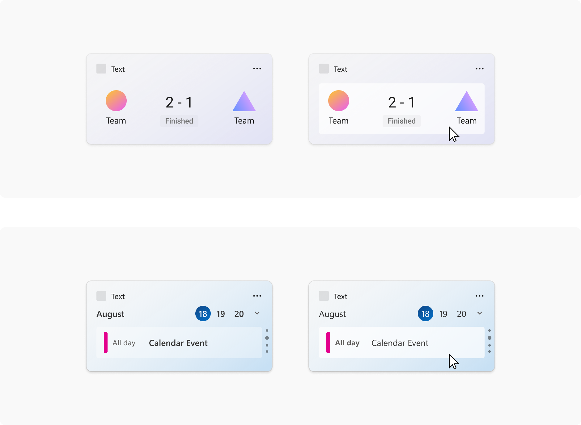 Quatro imagens de widgets que ilustram contêineres. Os widgets nas imagens têm elementos divididos em linhas e colunas para fornecer uma estrutura de grade hierárquica.