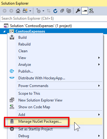 Menu Gerenciar Pacotes do NuGet no Visual Studio