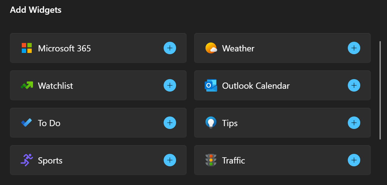 Uma captura de tela da caixa de diálogo Adicionar widget no quadro Widgets. Ele mostra duas colunas de entradas, cada uma com um ícone e um nome de aplicativo, com um sinal de mais indicando que um widget pode ser adicionado