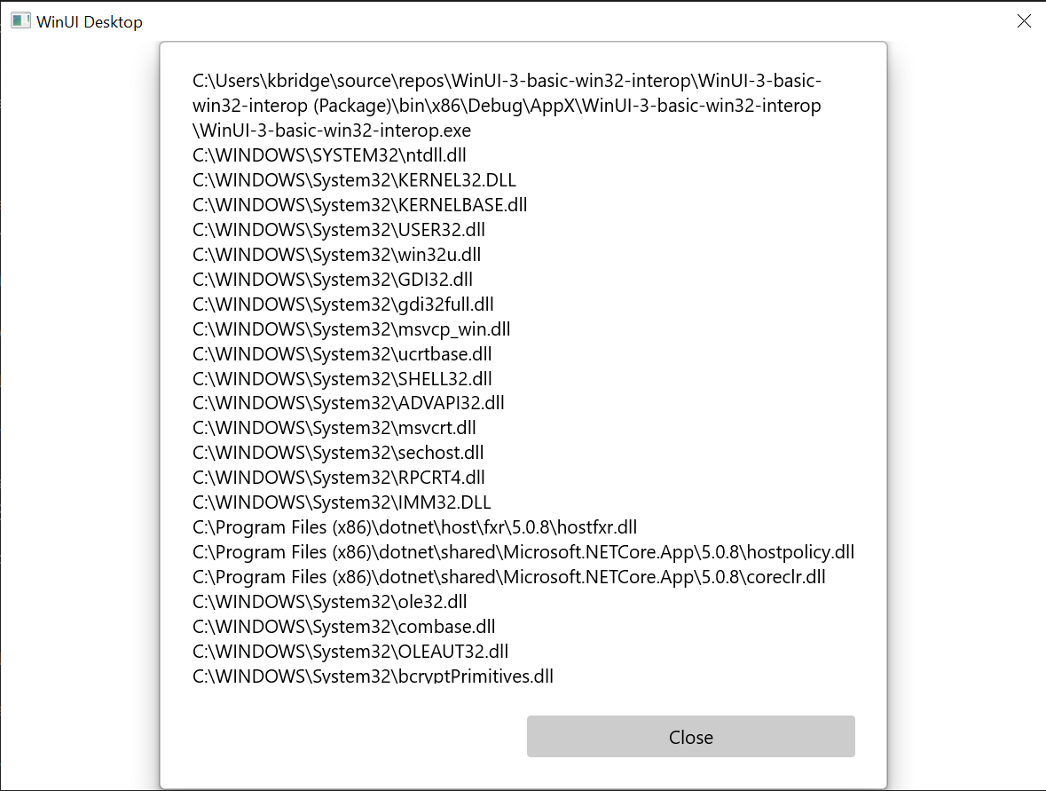 Captura de tela do aplicativo básico de interoperabilidade do Win32 descrito neste tópico.