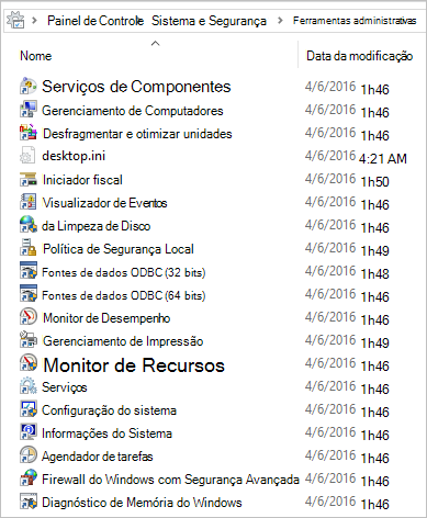 Captura de tela dos conteúdos da pasta Ferramentas Administrativas no Windows 10.