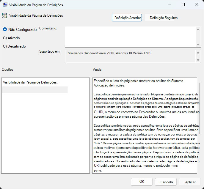 Política de visibilidade de página de configurações.