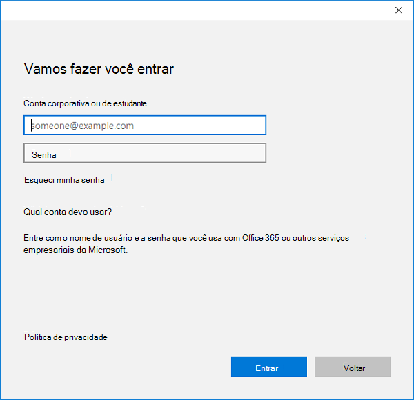 Microsoft Entra iniciar sessão com a aplicação Definições.