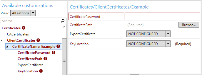 No Windows Configuration Designer, estão disponíveis definições adicionais para o certificado de cliente.