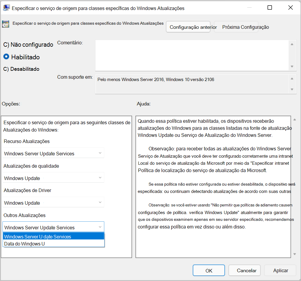 Captura de ecrã da Política de Grupo para especificar origens para tipos de atualização