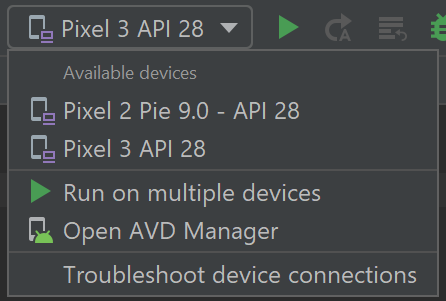 Menu Dispositivo de destino do Android Studio